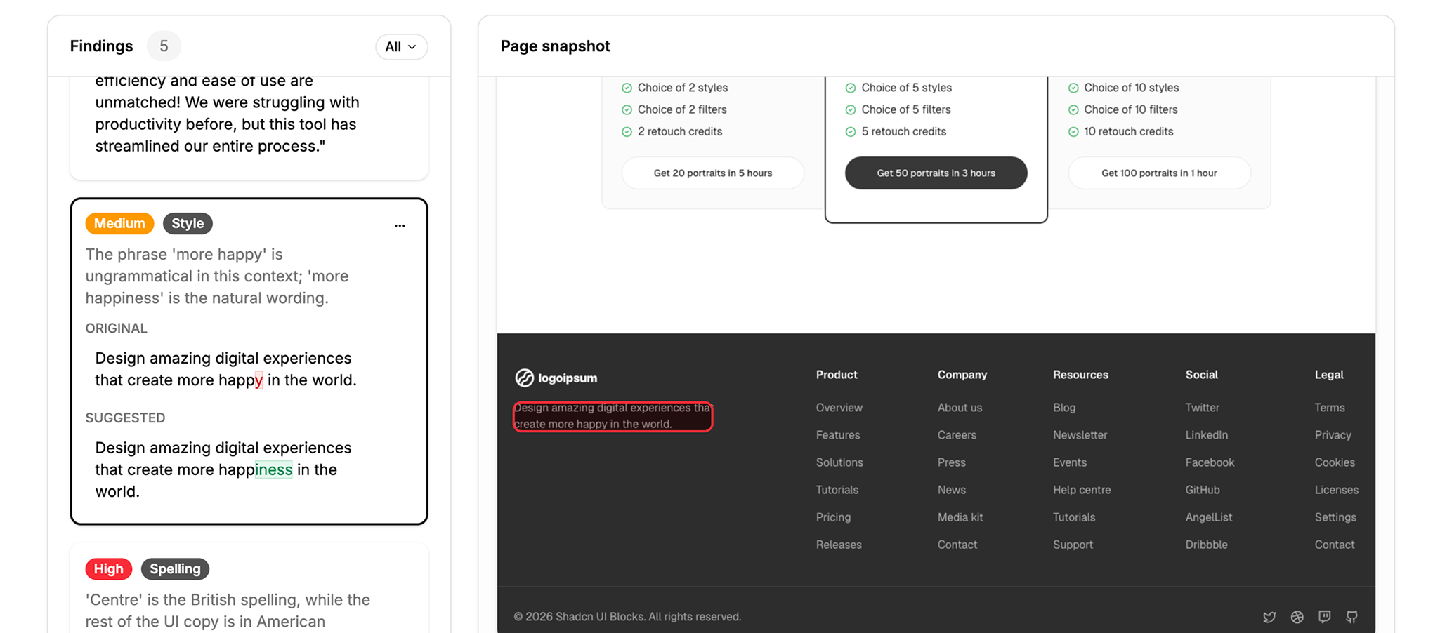 ProofScout product screenshot showing findings beside a rendered page snapshot